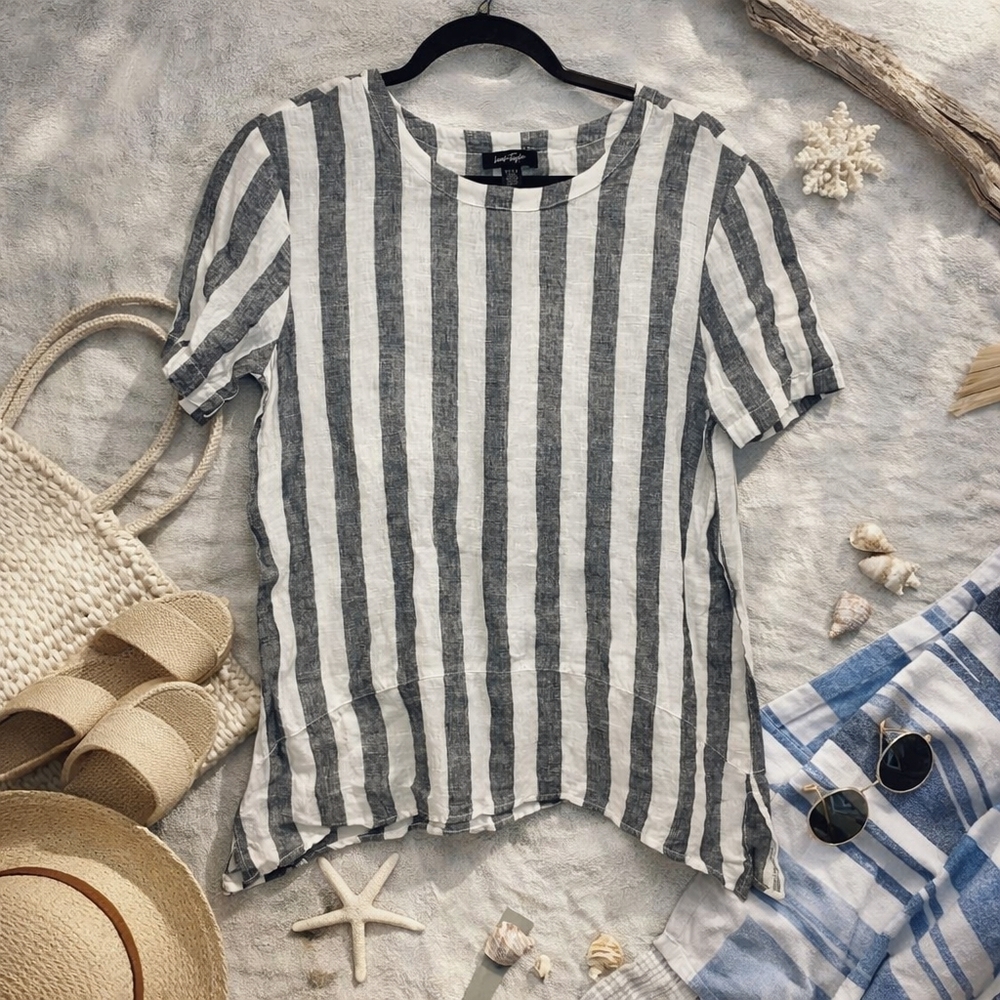 Lord & Taylor White and Gray Striped Short Sleeve Blouse